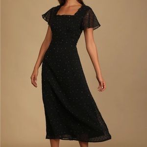 Lulu’s So Kiss Me Black Floral Print Swiss Dot Maxi Dress